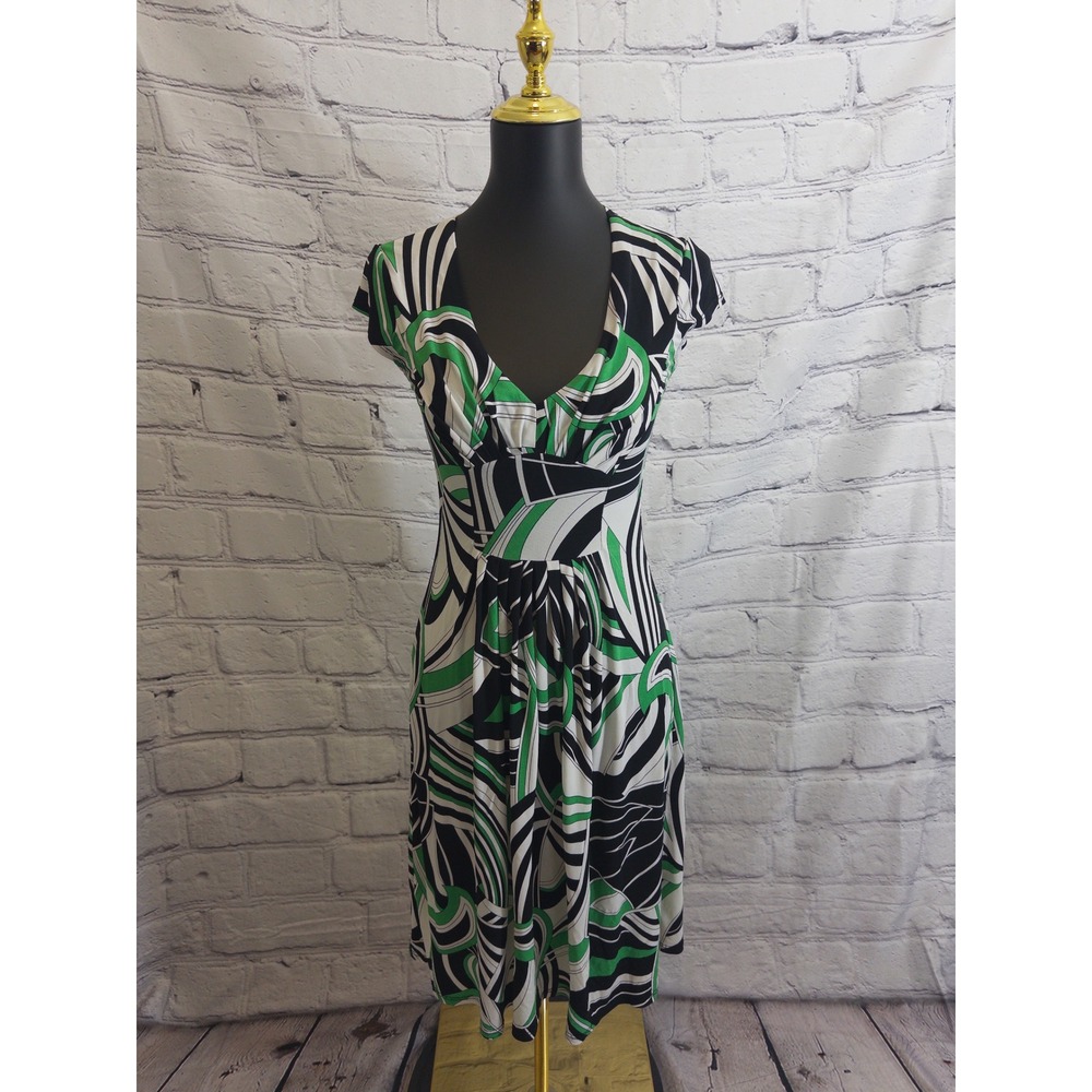 Bisou Bisou Michele Bohbot Dress Womens 4 Green Black Geometric VNeck Cap Sleeve